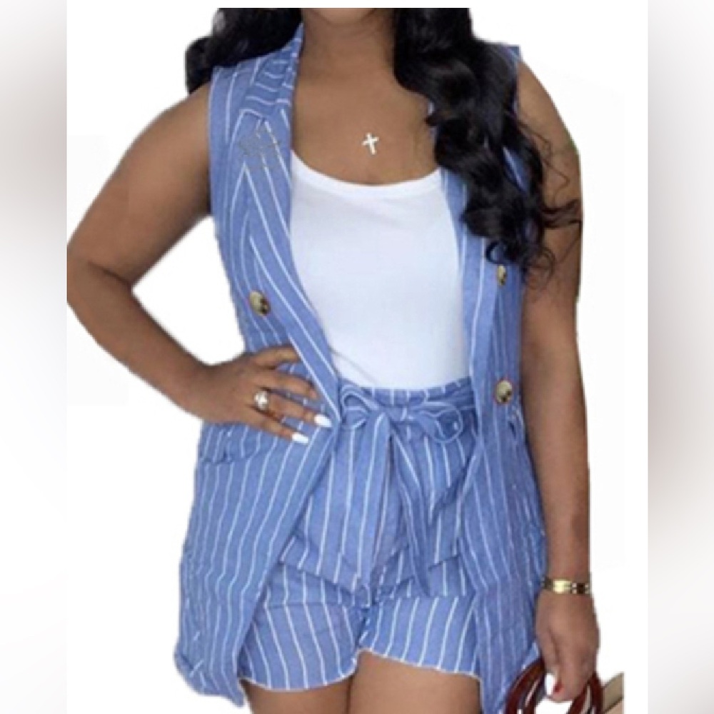 Blue Striped Shorts with Tie Waist